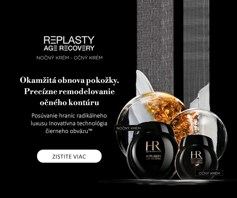 Helena Rubinstein Replasty Age Recovery – luxusný nočný krém a očný krém s inovatívnou technológiou čierneho obväzu™ na elegantnom čiernom pozadí.